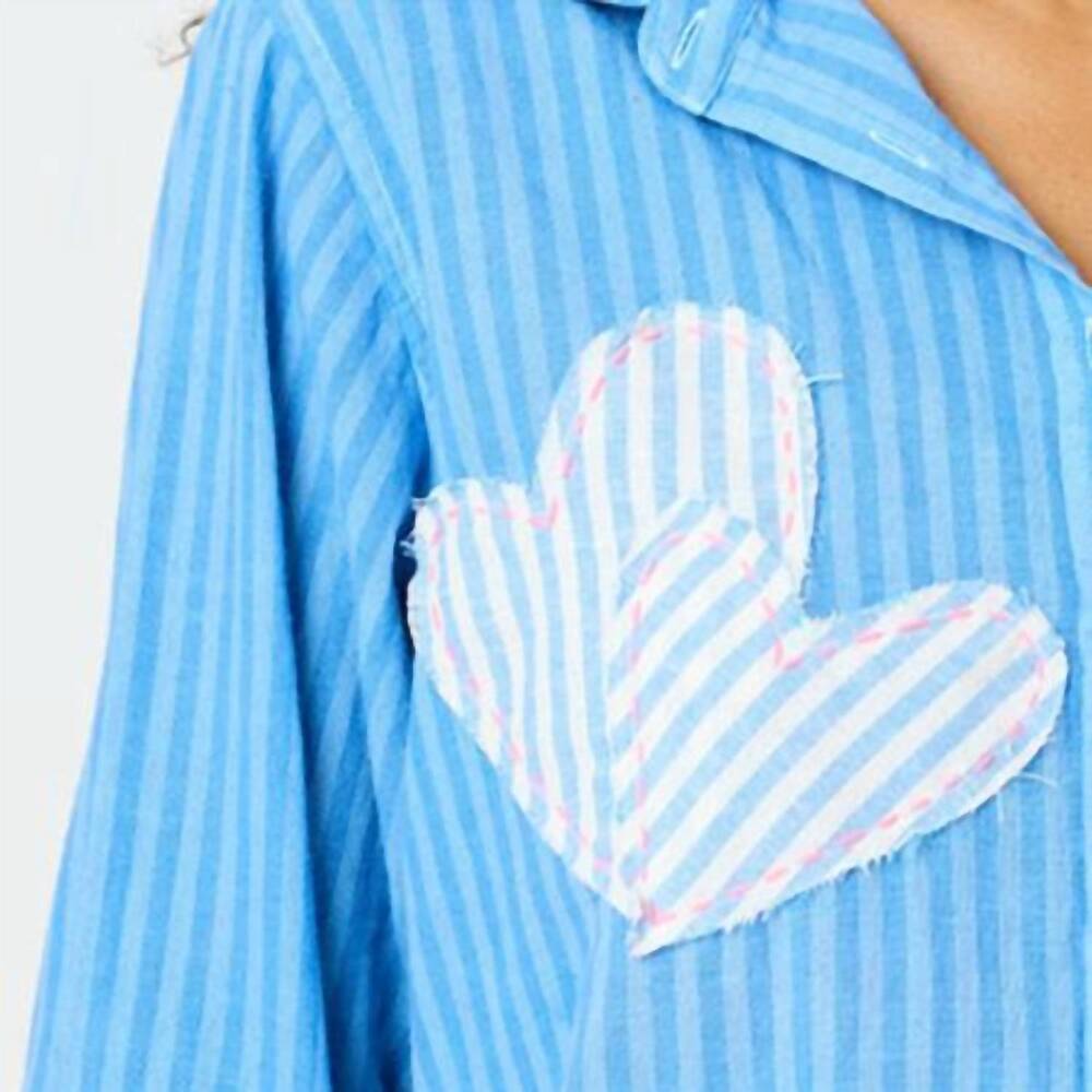 NEW KERRI ROSENTHAL women's mia stripe patchwork shirt in light blue mid blue - Picture 5 of 5